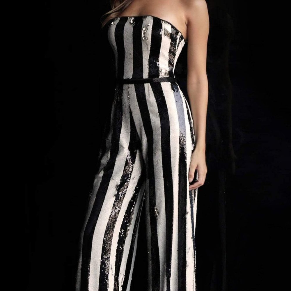 JOVANI Strapless Striped Sequined Jumpsuit